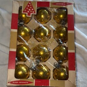 Vintage 12 Coby Gold Glass Christmas Ornaments in Original "American Made" Box